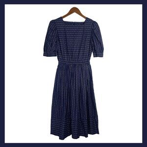Vintage Handmade Navy Prairie Dress Floral Stripe Midi Puff Sleeve 70s 80s S/M